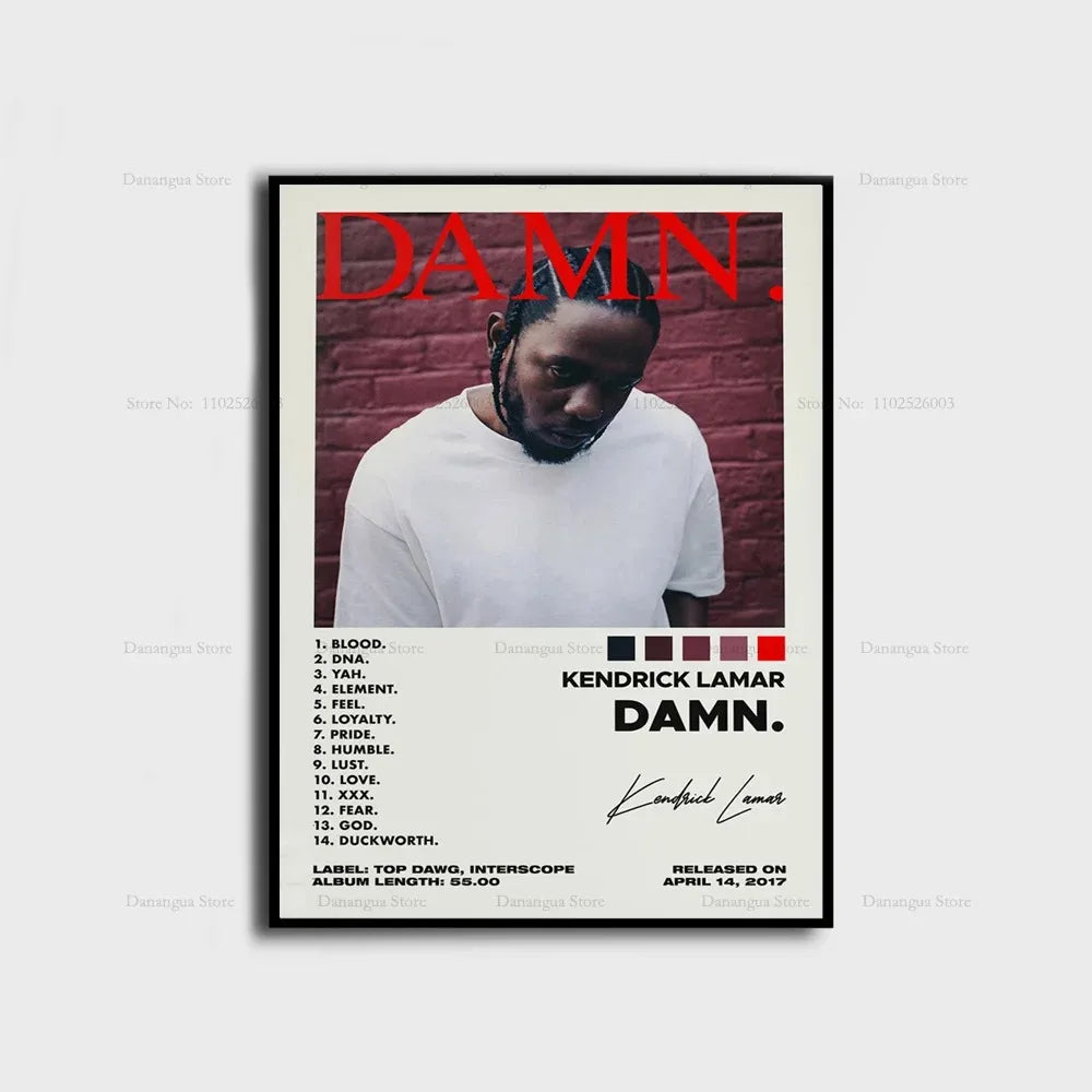 Black-framed poster featuring kendrick lamar on damn album cover with bold red lettering and brick wall background for home decor