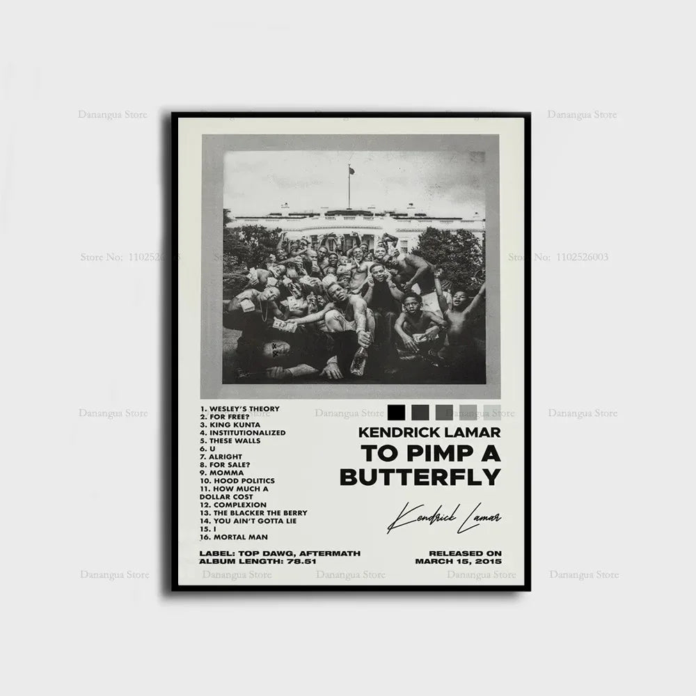 Black and white framed poster of kendrick lamar to pimp a butterfly album with tracklist signature and release date