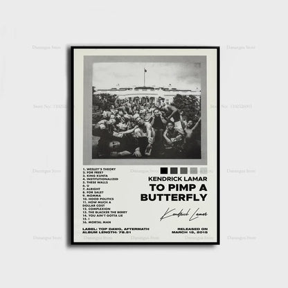 Black and white framed poster of kendrick lamar to pimp a butterfly album with tracklist signature and release date