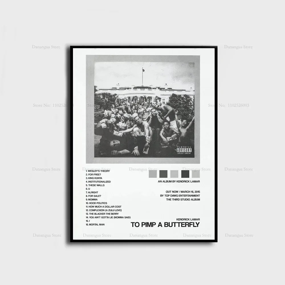 Black-and-white framed poster of kendrick lamar to pimp a butterfly album with group photo and tracklist for wall decor