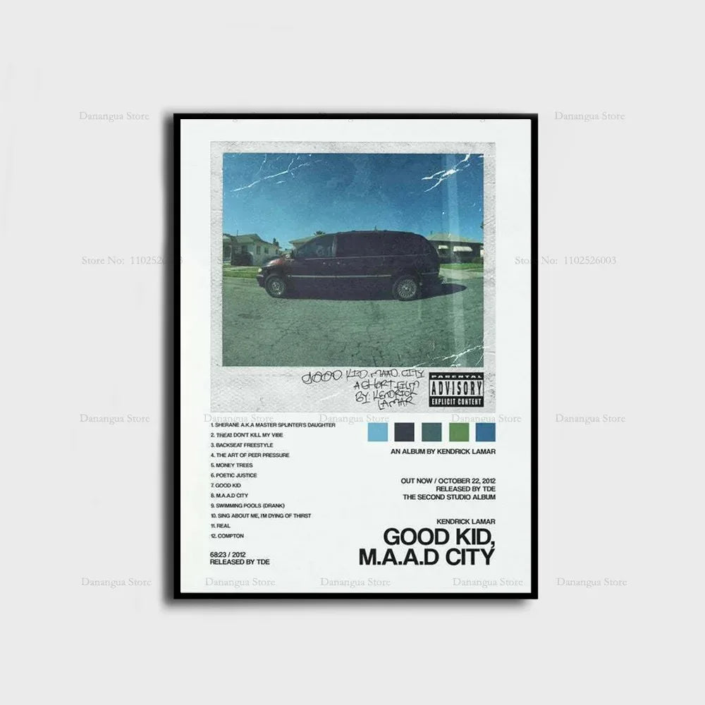 Black framed poster of kendrick lamar good kid maad city album cover with vintage maroon van and white tracklist text