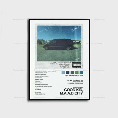 Black framed poster of kendrick lamar good kid maad city album cover with vintage maroon van and white tracklist text
