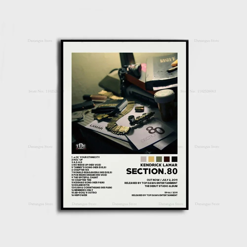 Black-framed poster featuring gold chains photograph with kendrick lamar section80 text for hip hop music wall art
