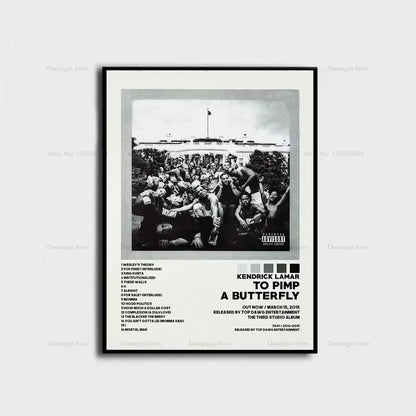 Black and white framed poster of kendrick lamar to pimp a butterfly album cover with crowd by the white house wall art