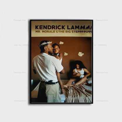 Black-framed poster featuring kendrick lamar and his children from good kid maad city album for wall decor