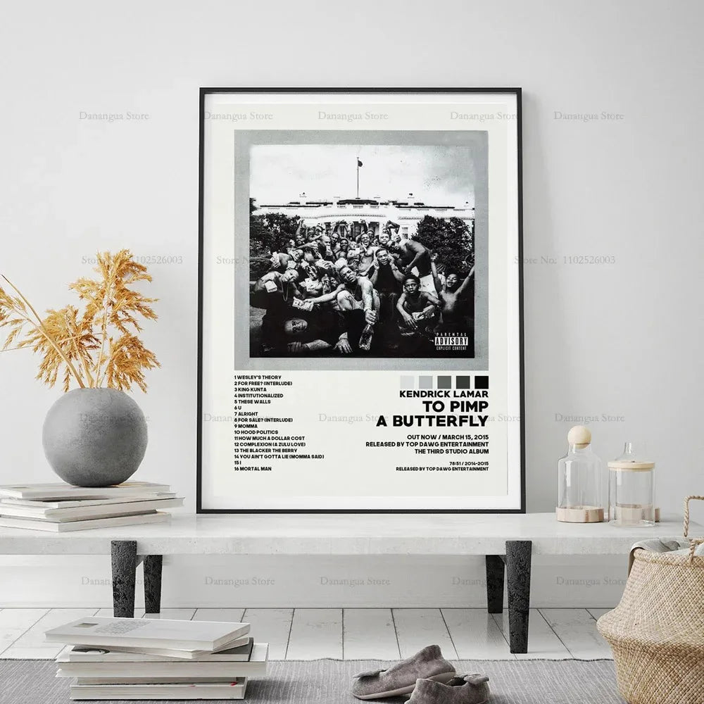 Black and white framed poster featuring kendrick lamar to pimp a butterfly album with tracklist and iconic cover art