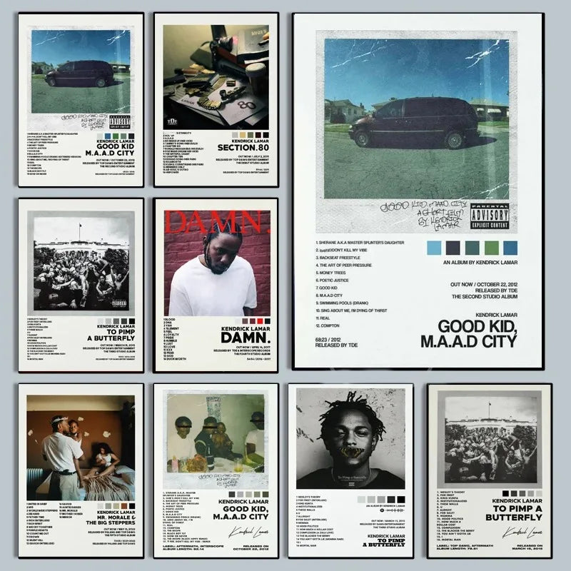 Black and white framed art prints of kendrick lamar good kid maad city album covers for home wall decor gift