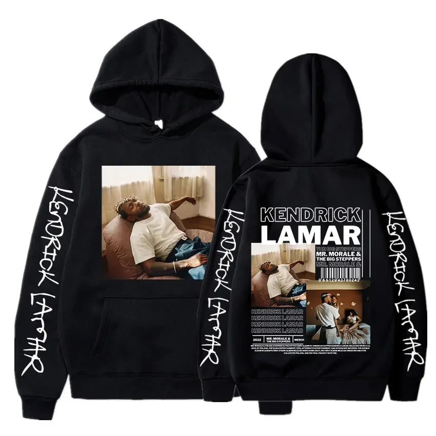 Black hoodie featuring kendrick lamar good kid album cover print front and back with white graffiti lamar good kid sleeve lettering