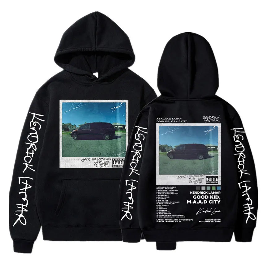Black hoodie featuring kendrick lamar good kid album cover graphic print with white lettering on sleeves and back