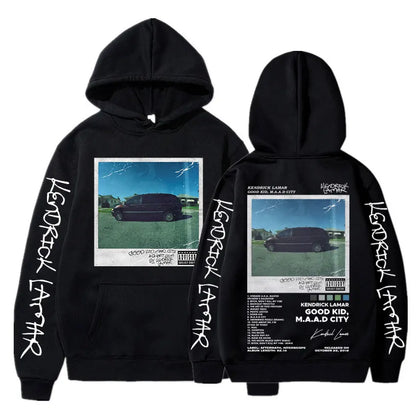 Black hoodie featuring kendrick lamar good kid album cover graphic print with white lettering on sleeves and back