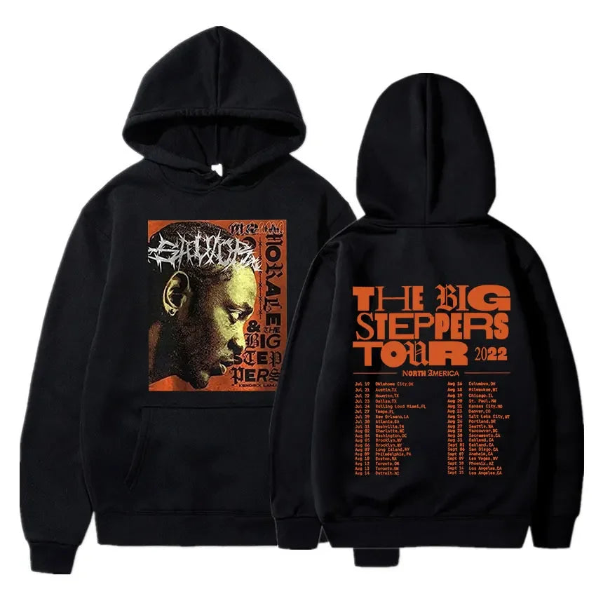 Black kendrick lamar good kid hoodie featuring orange graphic print of artist and tour details casual streetwear
