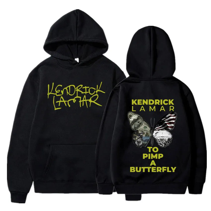 Black hoodie showing the back with neon yellow kendrick lamar text and dollar bill butterfly in lamar good kid album cover hoodie style