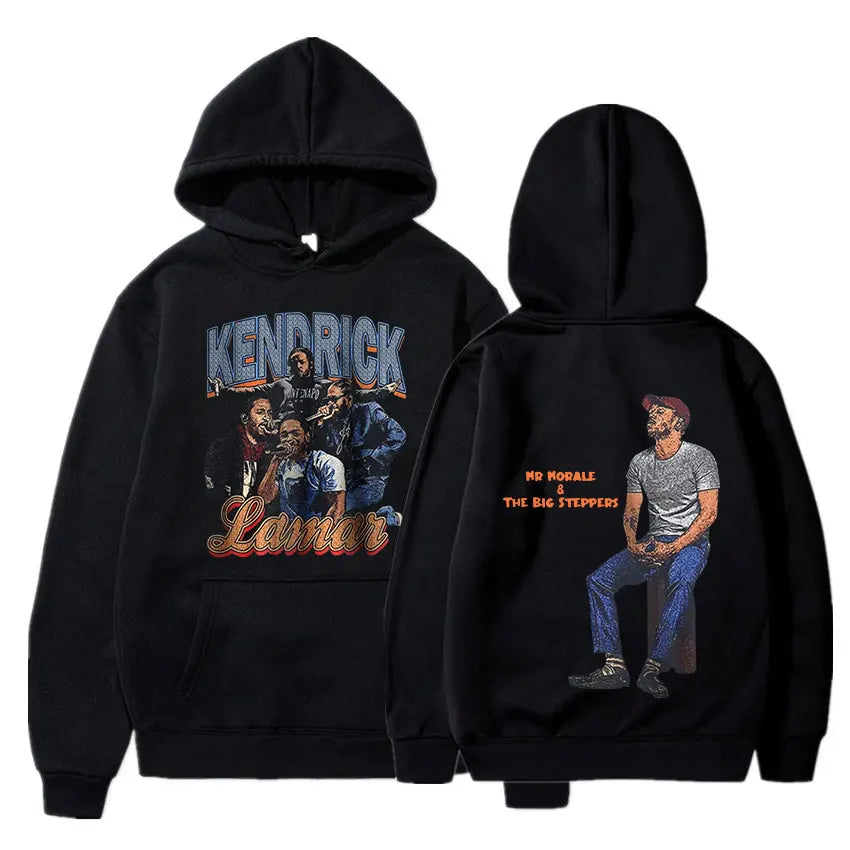 Black hoodie featuring vibrant kendrick lamar good kid graphic prints for casual hip-hop album cover streetwear