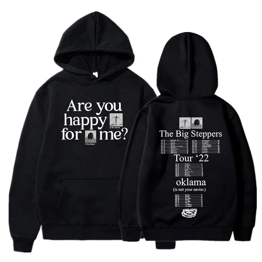 Black Kendrick Lamar good kid hoodie featuring white text and graphic prints including are you happy for me and tour info