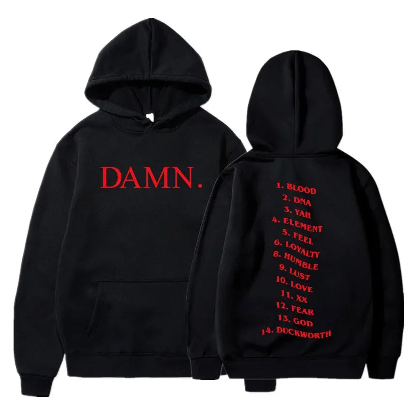 Black hoodie with bold red damn text front and kendrick lamar good kid album cover tracklist on back album cover hoodie