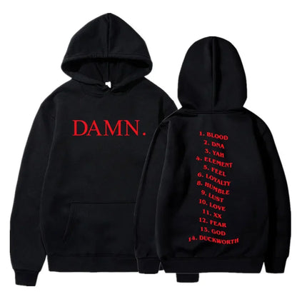 Black hoodie with bold red damn text front and kendrick lamar good kid album cover tracklist on back album cover hoodie