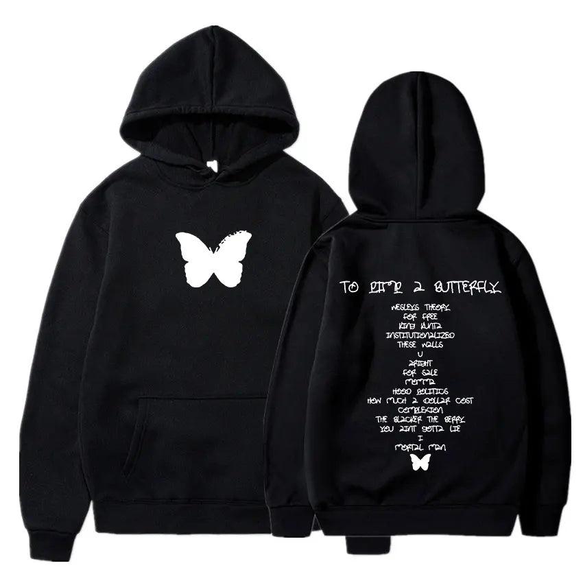 Black hoodie featuring white butterfly graphic front and poem with butterfly on back for Kendrick Lamar good kid album cover hoodie