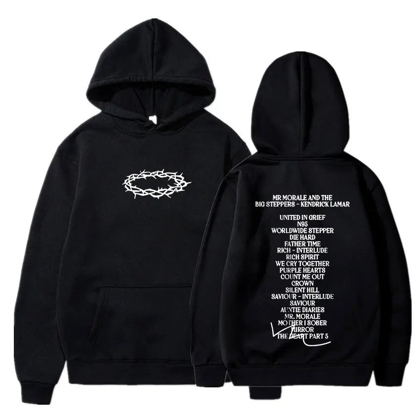 Black hoodie featuring a white thorn crown and kendrick lamar good kid album track list in white text on front