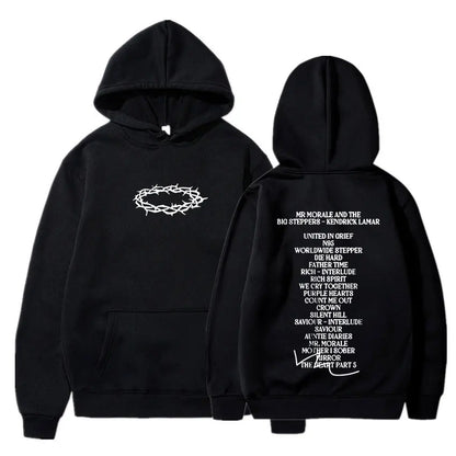 Black hoodie featuring a white thorn crown and kendrick lamar good kid album track list in white text on front
