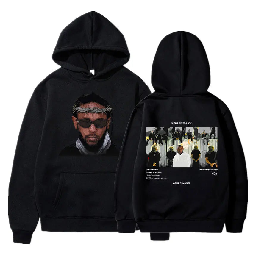 Black hooded sweatshirt featuring king kendrick graphic print and album cover design with game changer text on back, lamar good kid album cover hoodie