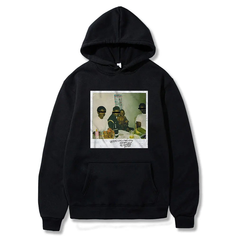 Black hoodie featuring printed graphic of three individuals seated at table and text inspired by kendrick lamar good kid album cover hoodie