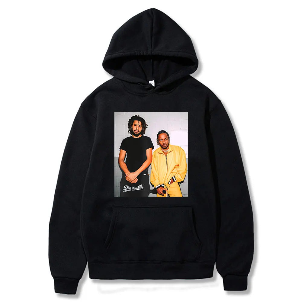 Black hoodie featuring a printed graphic of two men in black and yellow from kendrick lamar good kid album cover hoodie