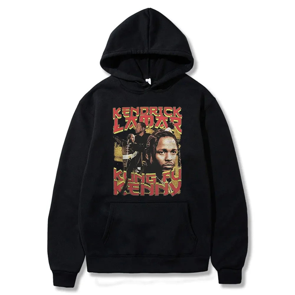 Black hoodie featuring a kendrick lamar good graphic print with red and yellow text lamar good kid album cover hoodie