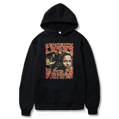 Black hoodie featuring a kendrick lamar good graphic print with red and yellow text lamar good kid album cover hoodie