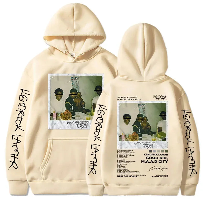 Cream-colored kendrick lamar good kid album cover hoodie with printed photo and black graffiti lettering on sleeves