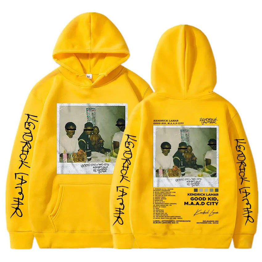 Bright yellow Kendrick Lamar good men’s hoodie with album cover print and matching black sleeve text for streetwear