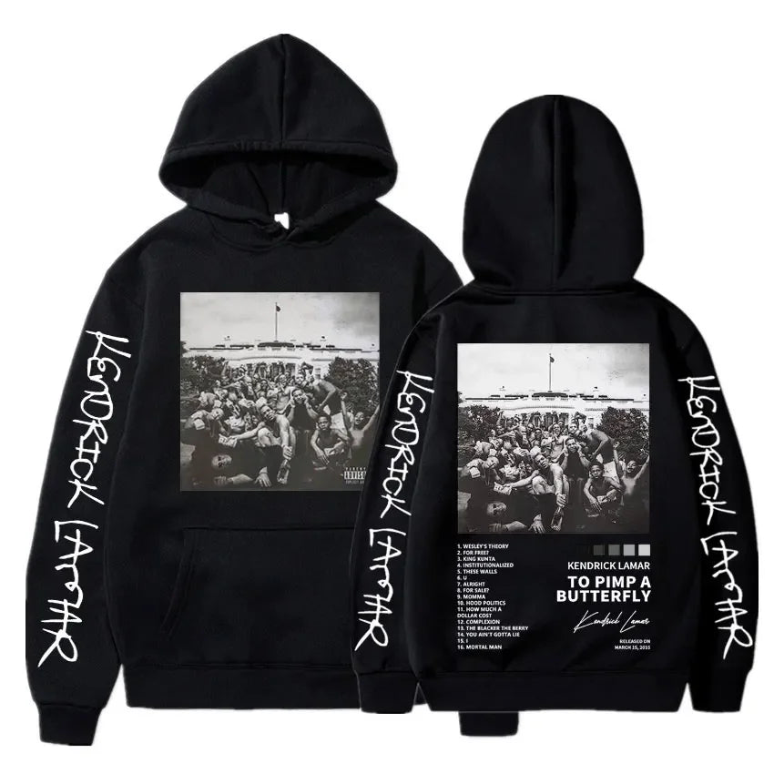 Black hoodie featuring a black-and-white crowd graphic at the white house with white cursive sleeve text and back track listing for kendrick lamar good kid album cover hoodie