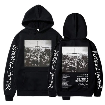 Black hoodie featuring a black-and-white crowd graphic at the white house with white cursive sleeve text and back track listing for kendrick lamar good kid album cover hoodie