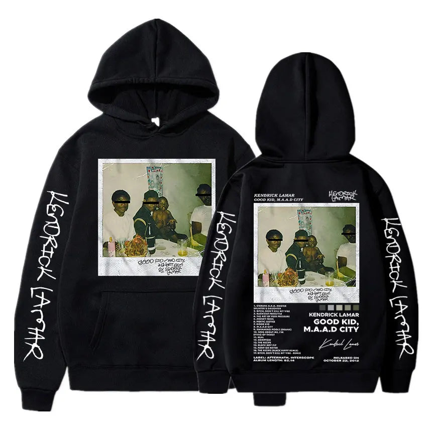 Black hoodie featuring kendrick lamar good kid album cover graphic with white sleeve text for casual streetwear