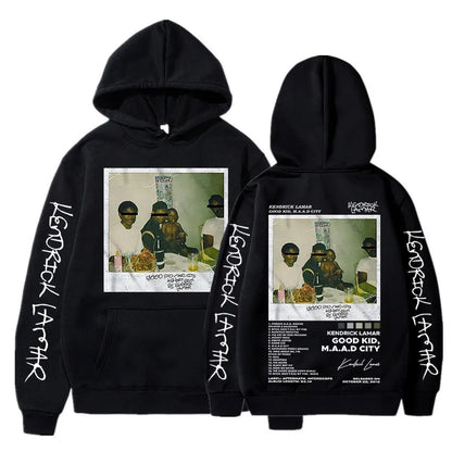 Black hoodie featuring kendrick lamar good kid album cover graphic with white sleeve text for casual streetwear