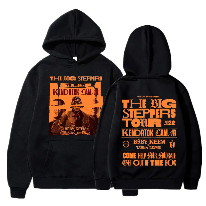 Black hoodie with orange the big steppers tour 2022 graphic featuring kendrick lamar good kid album cover hoodie