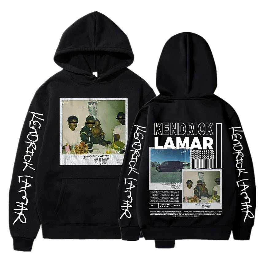 Black kendrick lamar good kid men’s hoodie with white album cover graphic prints and vertical sleeve lettering streetwear