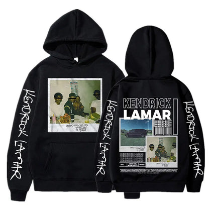 Black kendrick lamar good kid men’s hoodie with white album cover graphic prints and vertical sleeve lettering streetwear