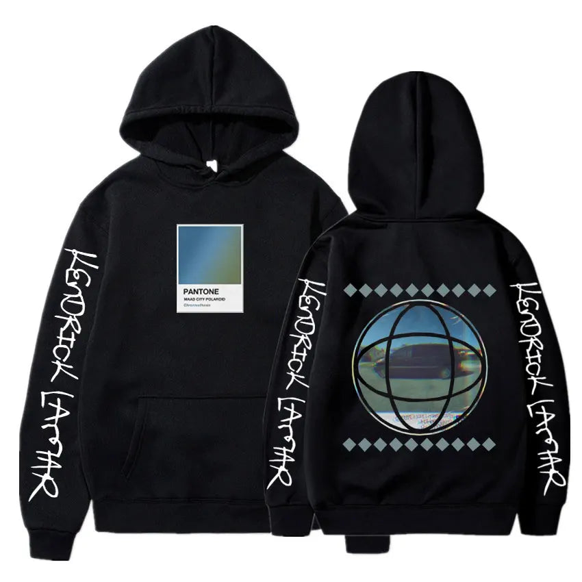 Black hoodie with white lendrick lettering sleeves pantone swatch front and globe diamond back lamar good kid album cover hoodie