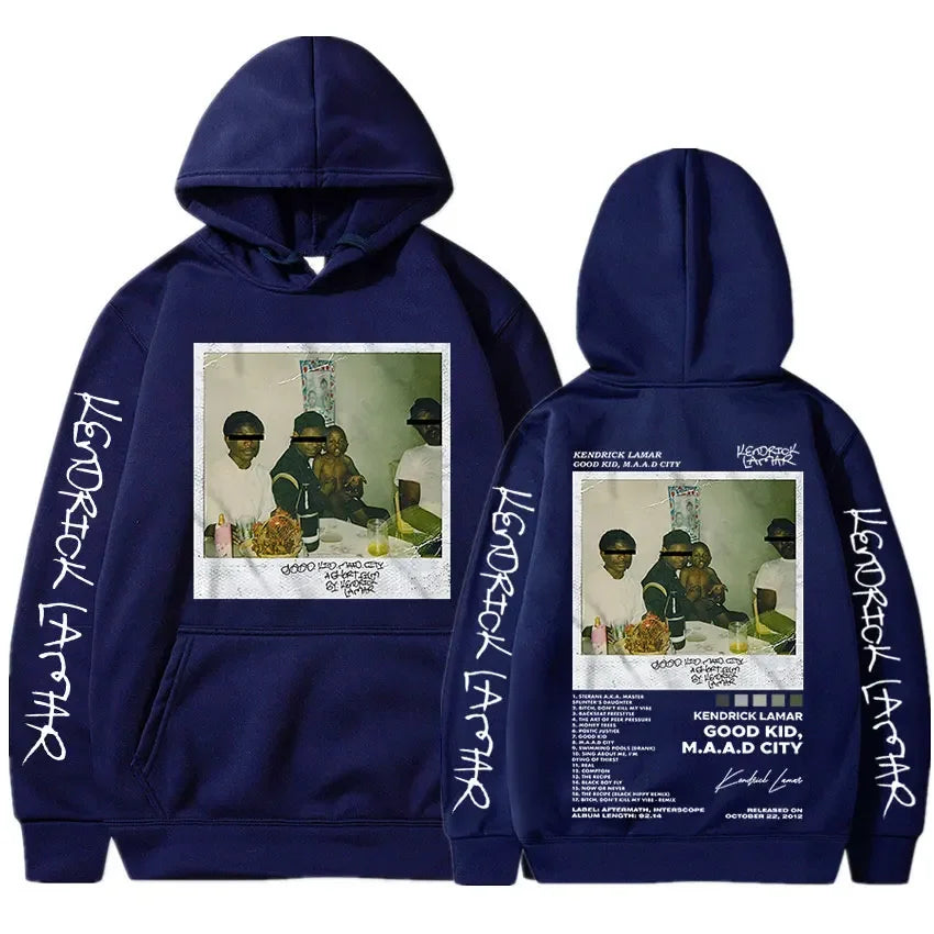 Navy blue kendrick lamar good kid mens hoodie featuring album cover print with white sleeve text for casual streetwear