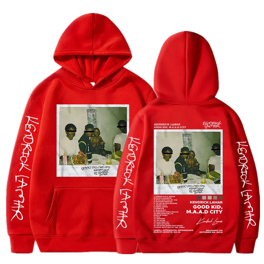 Red hooded sweatshirt featuring kendrick lamar good kid album cover graphic with white lettering casual streetwear hoodie