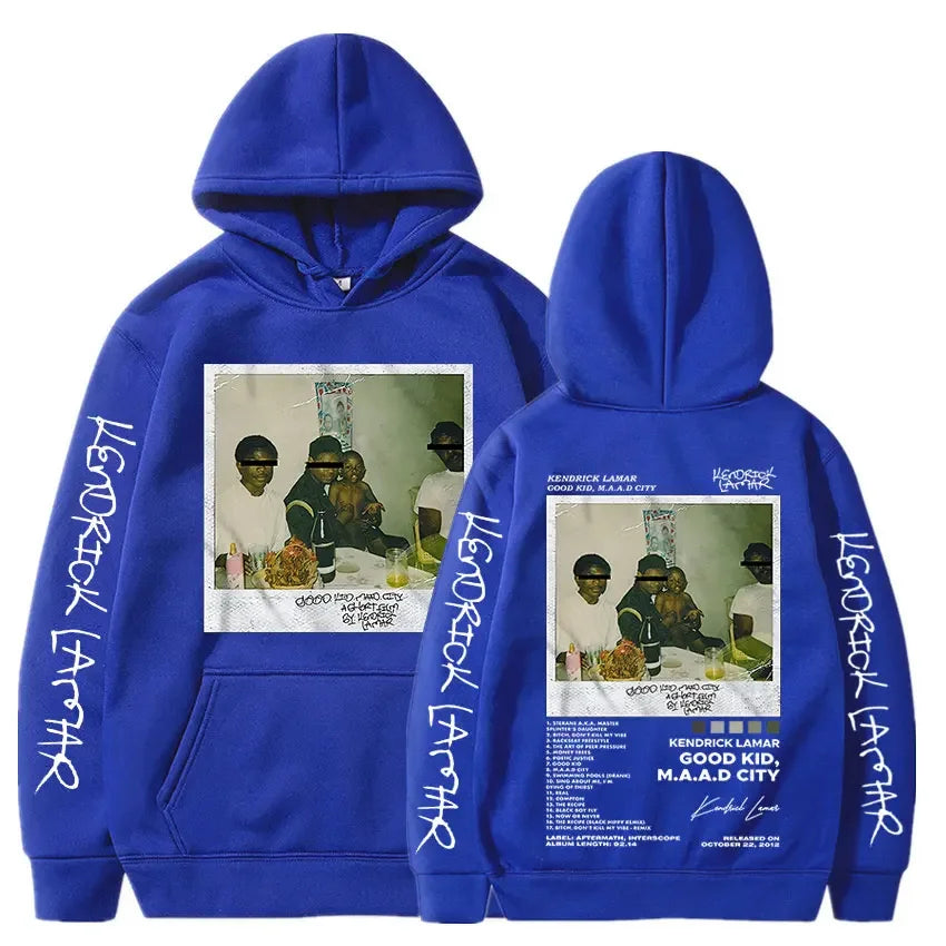 Royal blue hooded sweatshirt featuring kendrick lamar good kid album cover hoodie with white text and imagery for casual fashion