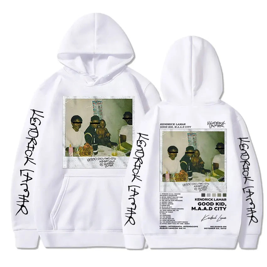 White hoodie featuring kendrick lamar good kid album cover print with black handwritten text on sleeves for casual streetwear