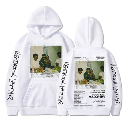 White hoodie featuring kendrick lamar good kid album cover print with black handwritten text on sleeves for casual streetwear