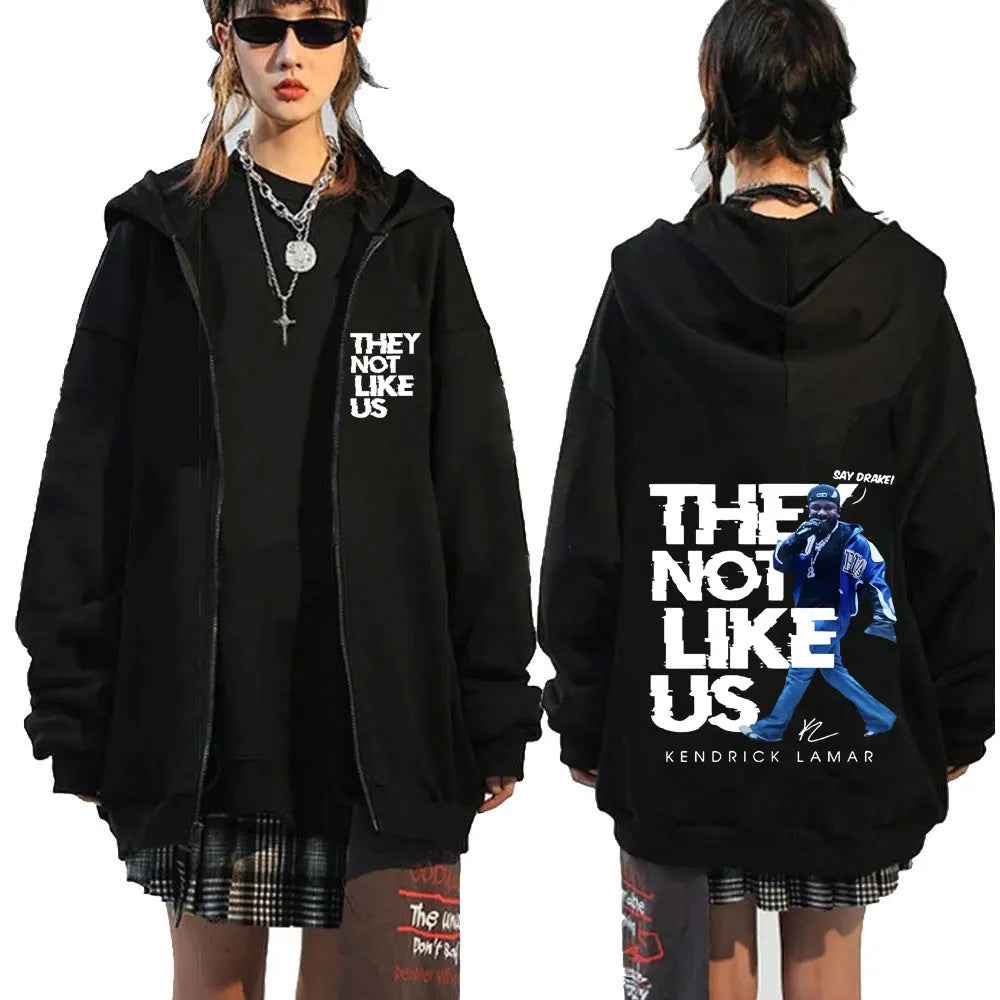 Black zipper hoodie featuring kendrick lamar graphic and they not like us text for clothing hip hop zipper hoodies men
