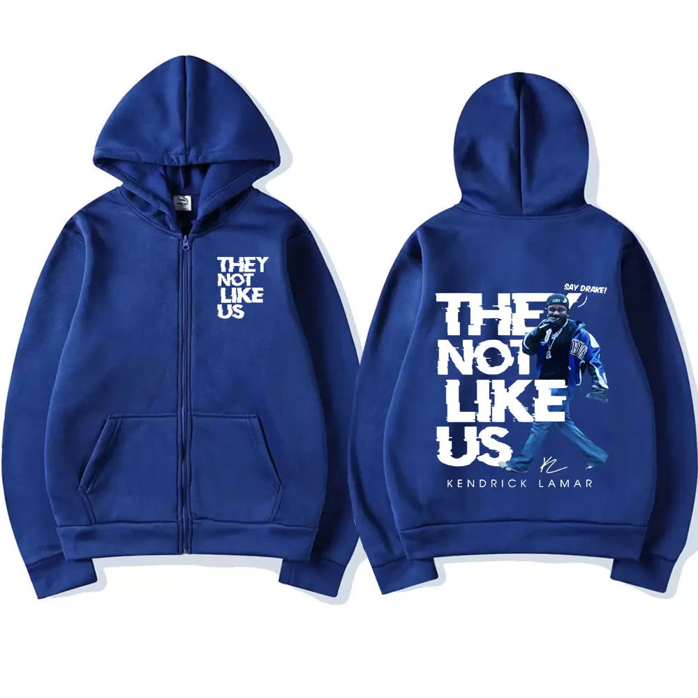 Royal blue kendrick lamar zipper hoodie with bold white graphic and they not like us text for clothing hip hop style