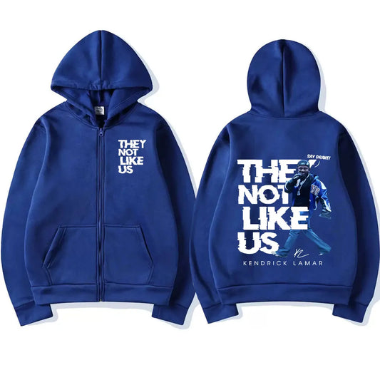 Royal blue kendrick lamar zipper hoodie with bold white graphic and they not like us text for clothing hip hop style
