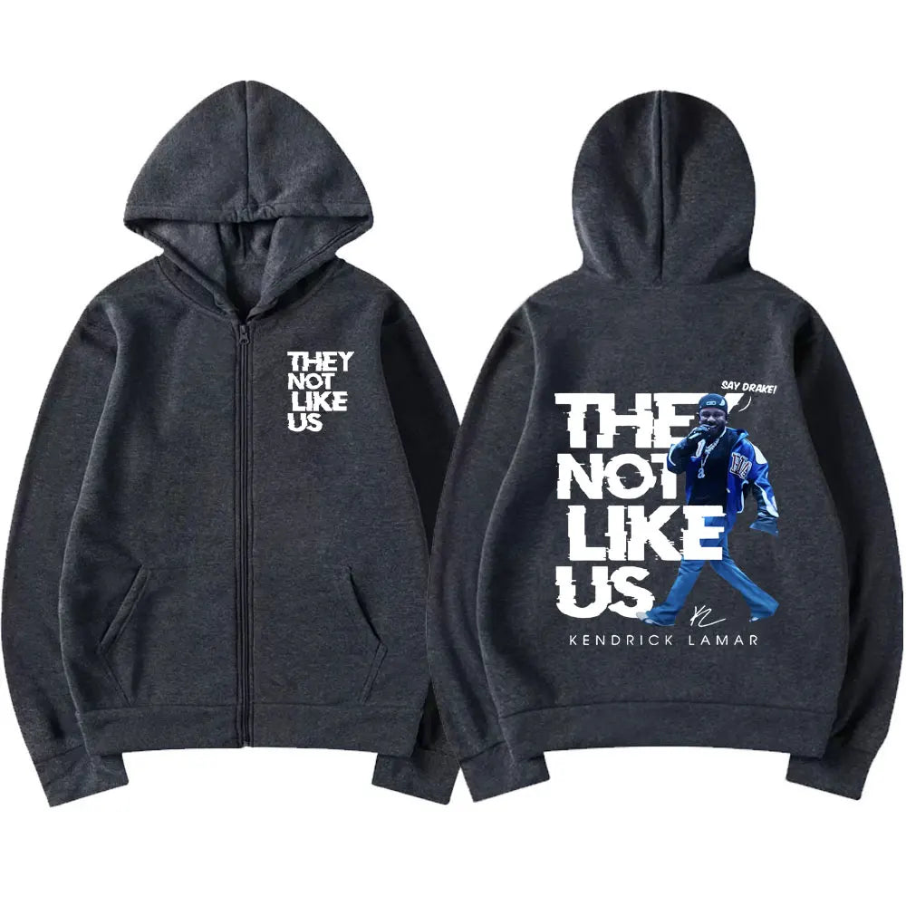Dark gray zipper hoodie men with kendrick lamar graphic and text on back clothing hip hop streetwear jacket