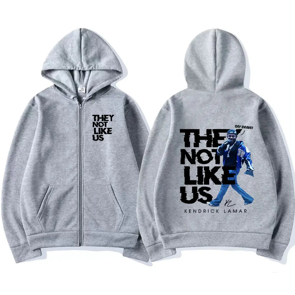 Gray zip-up hoodie featuring kendrick lamar graphic print and text on back ideal for zipper hoodies men clothing hip hop