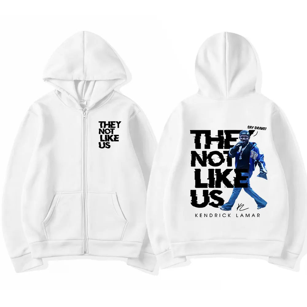 White zip-up hoodie for men and women featuring kendrick lamar graphic and they not like us text on back, clothing hip hop zipper hoodies men