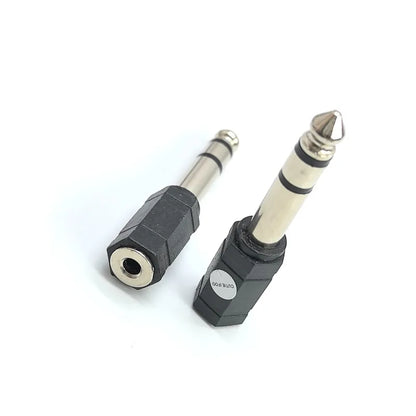 Black plastic electronic drum adapter converter with metallic 6.35mm male plug and female headphone connector jack